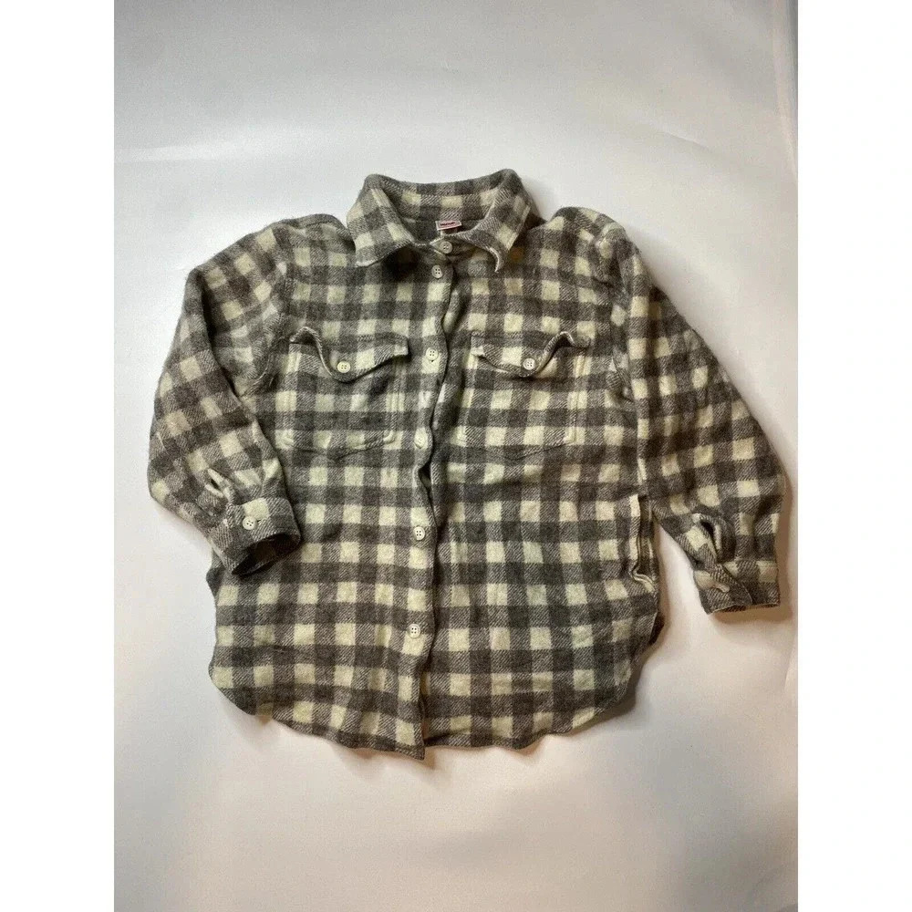 Vintage Mondi Wool Blend Neutral Checkered Shacket Women’s Button Up Size 38/S